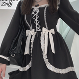 Lolita Gothic Dress Women Vintage Square Collar Puff Long Sleeve Dress Young Girl High Waist Lace Ruffles Kawaii