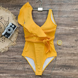 Solid Color Heavy Industry Pressure Line Lotus Edge Rope Belt Banding Swimsuit Women 2025 New