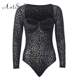 Women Long Sleeve Casual Bodysuits Fashion V-Neck Black Leopard Print See Through Sexy Velvet Mesh Bodysuit Club Wear