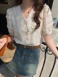 Elegant Lace Chiffon Blouse Doll Collar Women 2023 Summer Korean Fashion Short Sleeve Tops Mujer Hollow Lady Shirt