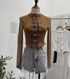 Real Shoot Spice Girls Strap Spliced Pu Skin Repair Slim Semi-High Collar Long Sleeve Top Short T-Shirt