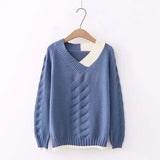 Mori Girl Small Fresh Fashion Knitted Sweater Female Long-sleeved Color Matching V-neck Sweater Women Pullover