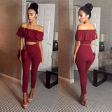 2020 Sexy Off Shoulder Slash Neck Women's Two Piece Suit Bodycon Ruffles Crop Tops High Waist Ladies Pants 2 Piece