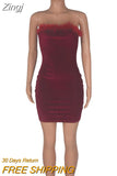 Sexy Feather Details Shine Velvet Skinny Mini Dress Fashion Women Strapless Birthday Clubwear Bodycon