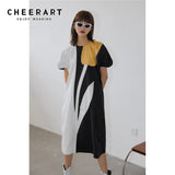Tulip Color Block Straight Long Dress Women Short Sleeve Summer Puff Sleeve Midi Dress Fashion Designer