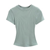 Zingj Trend Women's Wear Thread Slim Short-Sleeved T-Shirt Sexy Round Collar Solid Color Shoulder Show Thin Short Navel