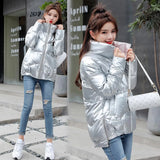 2020 Autumn Women's Winter Coats Fashion Silver Stand Collar Parkas Winter Jacket Women Pockets Padded Cotton