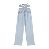 Blue Jeans Cross Lacing Wide Leg Pants High Waist Vintage Baggy Straight Denim Trouser Designer Women Fashion