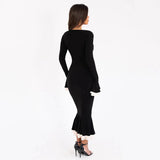 Solid Long Flared Two-piece Crop Sleeve Midi Dress- Outfit