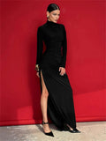 Turtleneck Long Sleeve Draped Slit Maxi Dress- Outfit