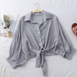 2021 Summer Half Sleeve Buttoned Up Shirt Loose Casual Blouse Chiffon Shirts Women Tied Waist Elegant Blouses for