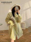 Yellow Cotton Drawstring Shirt Dress Spring 2022 Womens Fashion Designer Striped Button Collar Mini Dress Korean