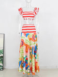 New Stripe Women Two Piece Set Skirt Flying Sleeve Square Collar Top High Waist A-line Long Skirt Fashion Summer