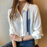 Han Queen New Blouse Women Spring Autumn Single Breasted Turn-down Collar Shirts Office Work Blouse Chiffon Vintage Loose