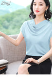 Woman Blouses 2023 Satin Women Tops Summer Short Sleeve Blouse Pile Collar Women's Elegant Blouses Female Clothing