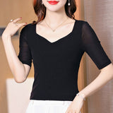 Half Sleeve T Shirt Women Spring Summer Black Tee Shirts V Neck Tops Femme Stretchy