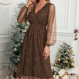 Zingj New V-Collar Elegant Slim Solid Color Stitching Mesh Perspective Sprinkling Powder Dress Female-Outfit