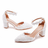 Cm White Lace Tip Hollow Women's Shoes Lace Wedding Dress Shoes Spring Coarse Square Root Tips