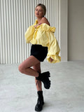 New Lotus Leaf Side Shoulder-Sling Rope Shirt Women Feel Chic Sweet Pure Desire Loose Comfortable