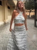 Women Retro Print Ruffle Hem Maxi Skirt Suit Sexy Backless Sleeveless Halter Lace Up Top Set 2024 Summer Chic Lady Street