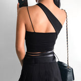 Irregular Halter Tank Top Women Harajuku Backless Cropped Top Ruched Black Cami Tops Tees Ladies Summer Party