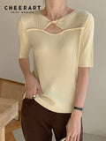 Ribbed Knit Top Summer Short Sleeve Tees Hollow Out Korean Fashion T Shirt Women White Yellow Black Blue Casual