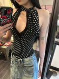 Black Polka Dot Cut Out Tie Up Top-Outfit