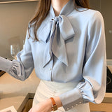 Han Queen New Arrival Shirt Womens Blouse Vintage Work Casual Tops Chiffon Blouse Bow Elegant Loose Women Business
