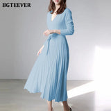 Elegant V-neck Thick Warm Women Knitted Pleated Dress Long Sleeve Belted Sashes Ladies Sweater Dress 2020 Autumn