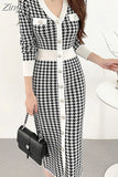 Bird Lattice Knitting V-Neck Bodycon Midi Dress Korean Fashion Elegant Office Lady Buttons Long Dresses for Women