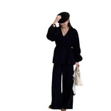 2025 New Fashion Retro Lazy Knitted Set Women's Cardigan Jacket Wide Leg Pants Two