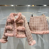 Winter Long Sleeve Real Fox Fur Collar V Neck Pink Plaid Tweed Coat Short Bodycon Skirt Two Piece Set Outfits