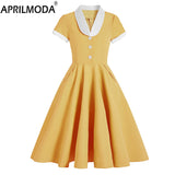 Summer Women Elegant Vintage Midi Dress Sexy Solid Patchwork A-line Vestidos Short Sleeve Party dress 2022 Robe