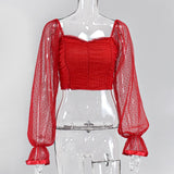 Polka Dot Blouse Women Mesh Shirts Pink Tops Sweet Neckline Lantern Sleeve Ruched Blouse White Blusas Vintage
